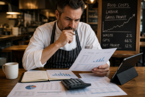 Head Chef reviewing restaurant financial reports and commercial performance